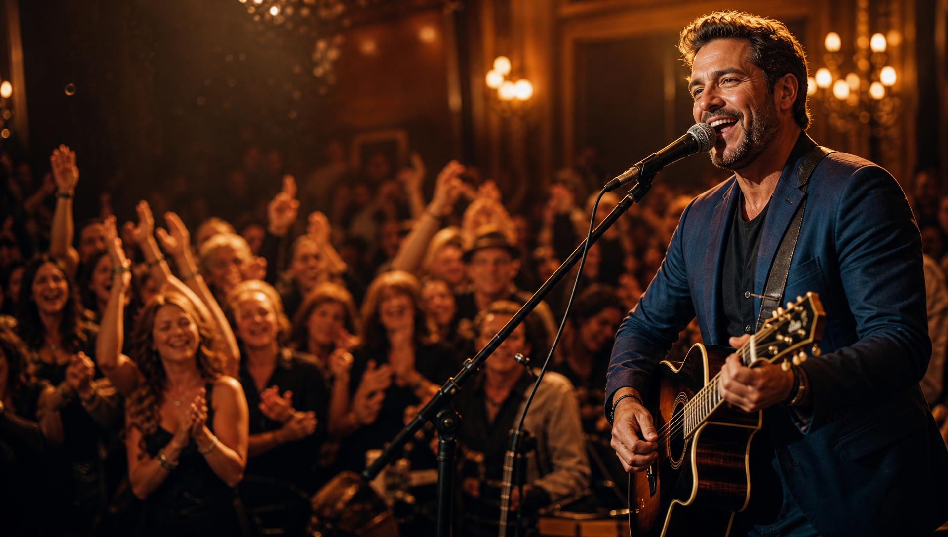 Vinny performing live while an audience sings along