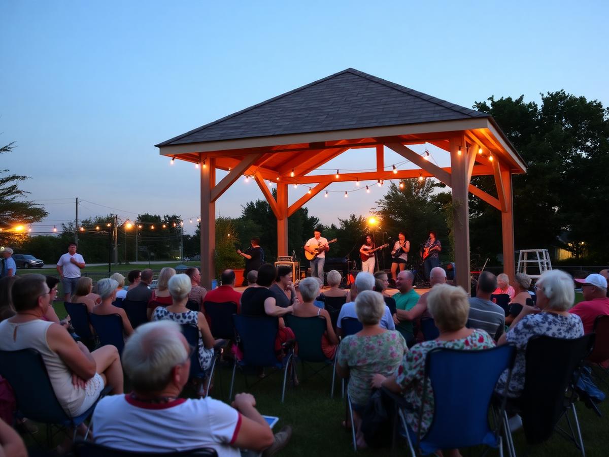 Outdoor town green concert at dusk with a crowd in lawn chairs