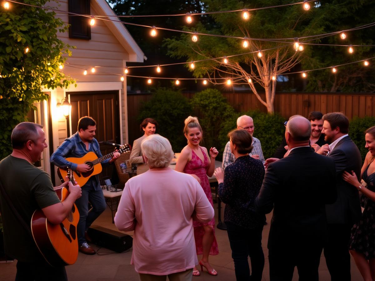 Guests dancing at a private backyard party with live music